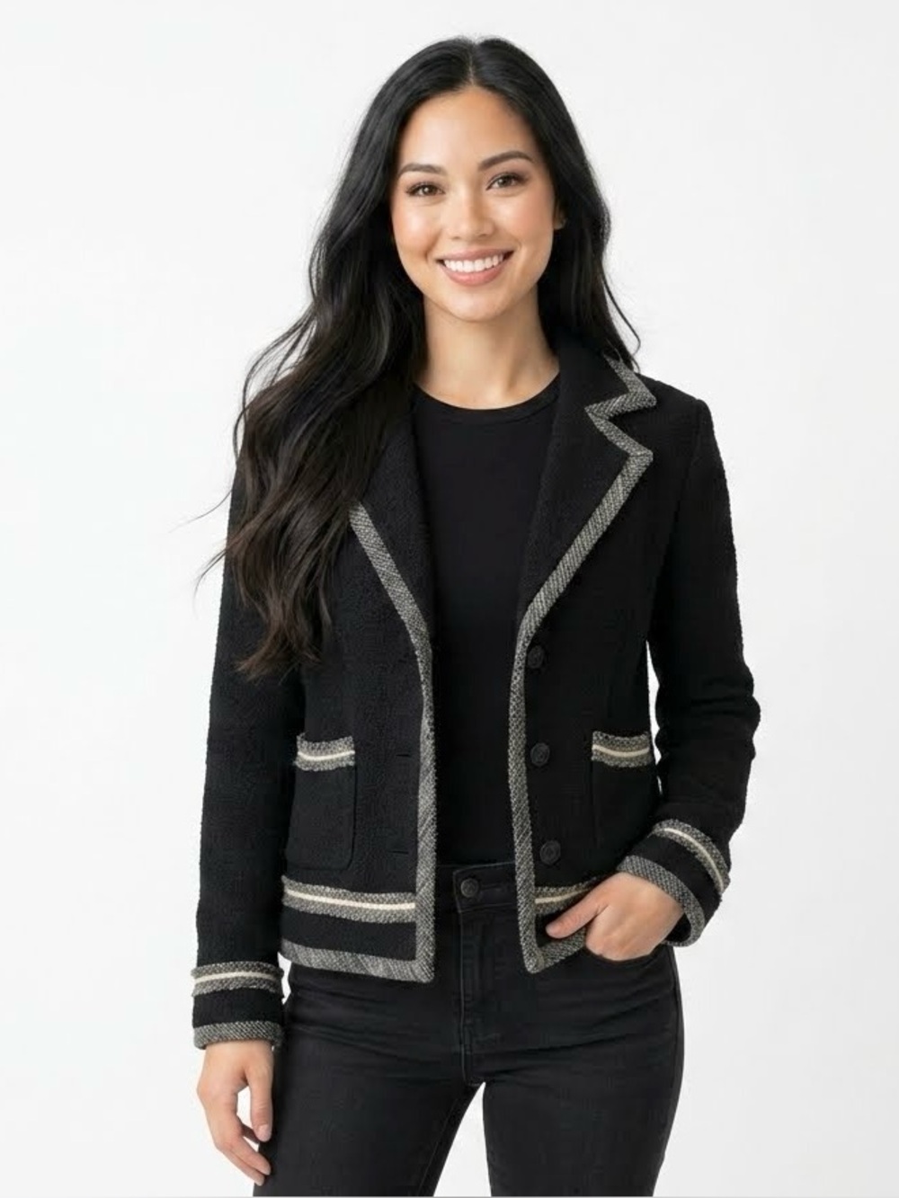 Karl Lagerfeld Button-Up Tweed Wool Blazer Jacket w/Tweed Trim, Black, Size S/P